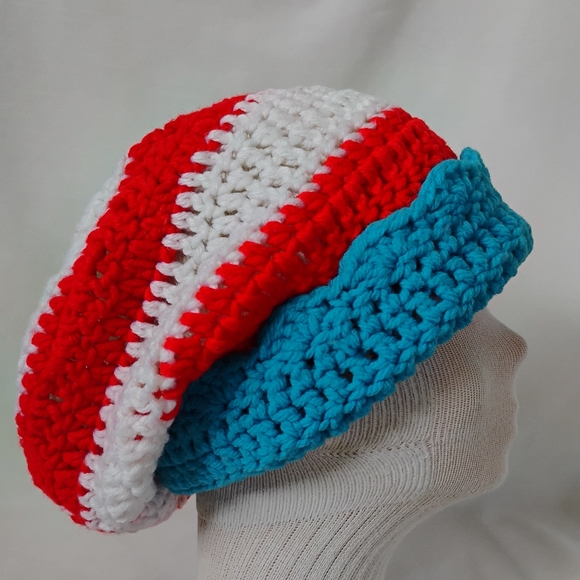 Striped Crochet Lighthouse Beanie Vibrant Red White & Blue Handmade Winter Hat - Picture 4 of 8
